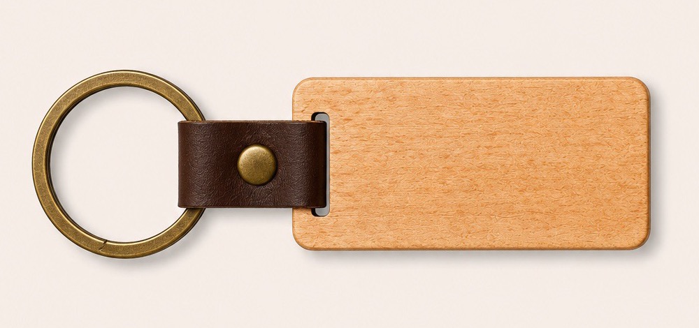Wooden key ring with a brown leather strap and brass split ring